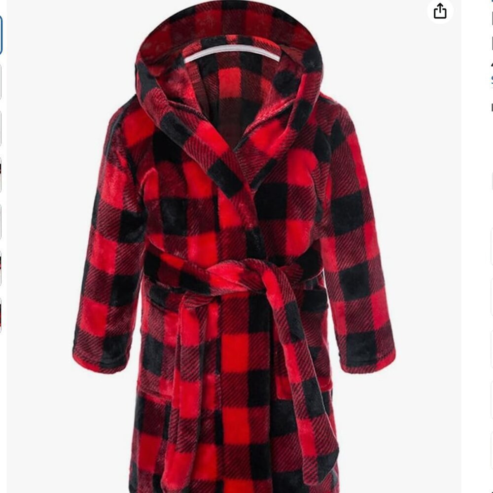 Red & Black Check Super Soft Fleece Hooded Kids Bathrobe w/ Tie Waist